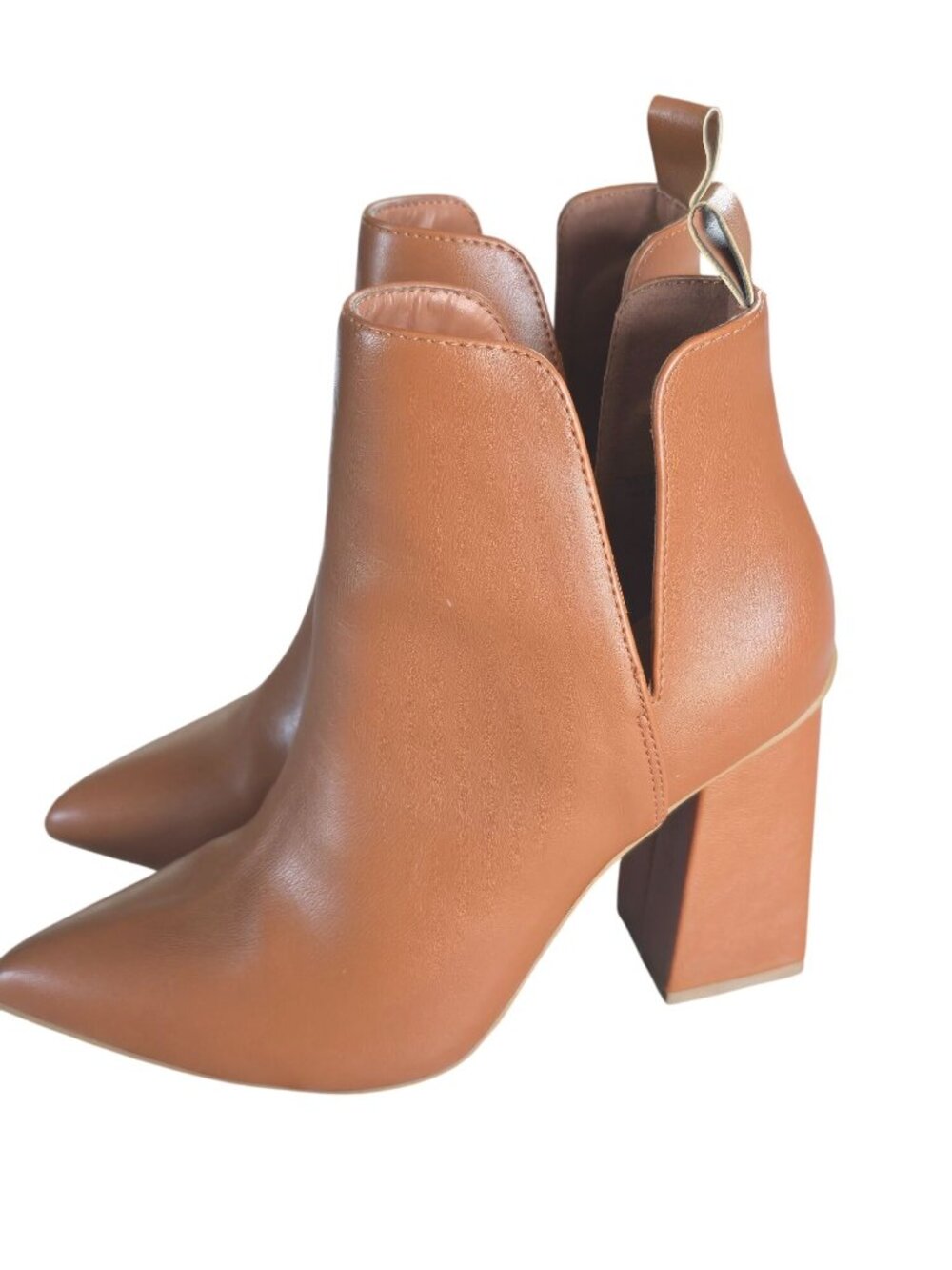 Bamboo Tan Leather Block Heel Ankle Boots Boho Fall Pointed Toe Women Size 7